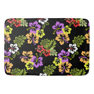 Farbenfrohe Hibiskus Blume Muster in Schwarz Badematte