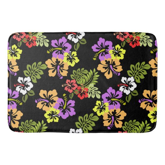Farbenfrohe Hibiskus Blume Muster in Schwarz Badematte (Vorderseite)