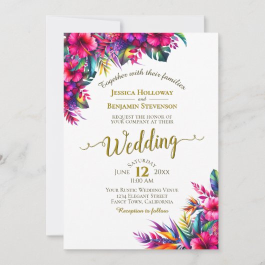 Farbenfrohe Hibiskus Tropischer Garten Hochzeit de Einladung (Vorderseite)