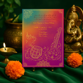 Farbenfrohe Hindu Sangeet Mandala und Musikinstrum Einladung