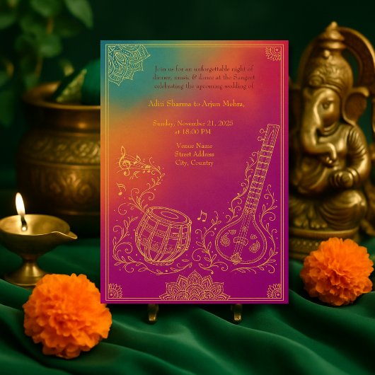 Farbenfrohe Hindu Sangeet Mandala und Musikinstrum Einladung