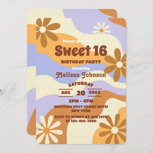Farbenfrohe Hippie Blume Retro Groovy Sweet 16 Einladung (Vorne/Hinten)