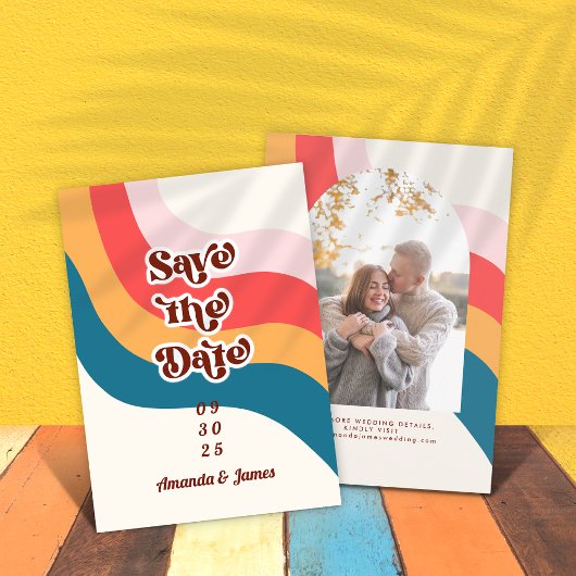Farbenfrohe Hippie Groovy Retro 70er Foto Save The Date