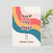 Farbenfrohe Hippie Groovy Retro 70er Foto Save The Date (Stehend Vorderseite)