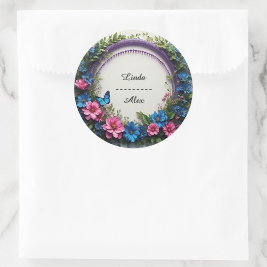 Farbenfrohe Hochzeit Blumenkranz mit Schmetterling Runder Aufkleber (Tasche)