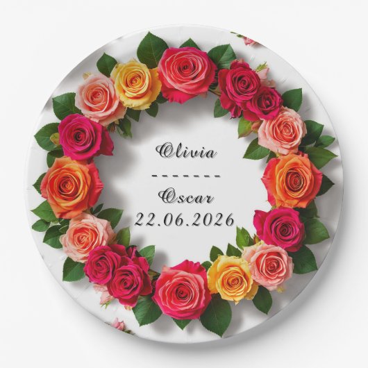 Farbenfrohe Hochzeit Blumenreath Pappteller (Vorderseite)