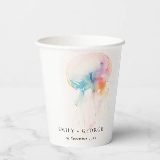 Farbenfrohe Hochzeit der Quallenvögel Pappbecher (Rückseite)