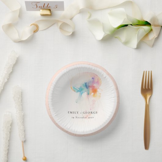 Farbenfrohe Hochzeit der Quallenvögel Pappteller (Hochzeit)