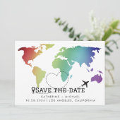Farbenfrohe Hochzeit in Urlaubsort der Weltkarte Save The Date (Stehend Vorderseite)