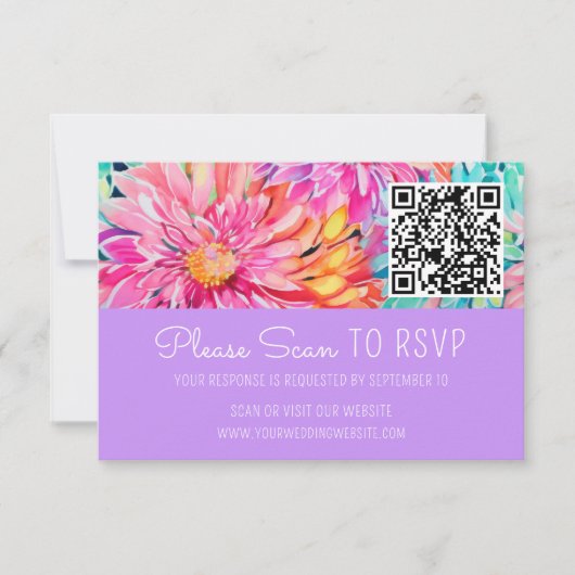 Farbenfrohe Hochzeit mit Flora QR-Code RSVP Karte (Vorderseite)