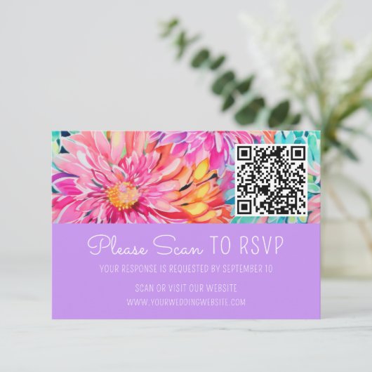 Farbenfrohe Hochzeit mit Flora QR-Code RSVP Karte (Stehend Vorderseite)