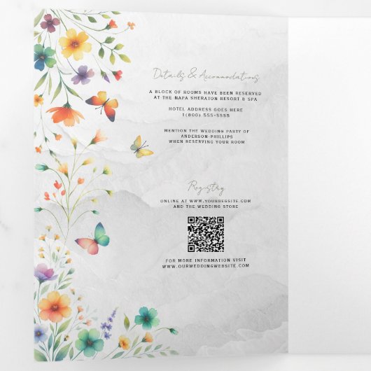Farbenfrohe Hochzeit mit floralen Butterfly Dreifach Gefaltete Einladung (Innen Erste Seite)