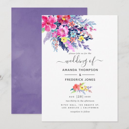 Farbenfrohe Hochzeit mit floralen Wasserfarben Einladung (Vorne/Hinten)