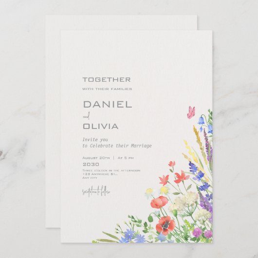 farbenfrohe Hochzeit mit floralen Wasserfarben Einladung (Vorne/Hinten)