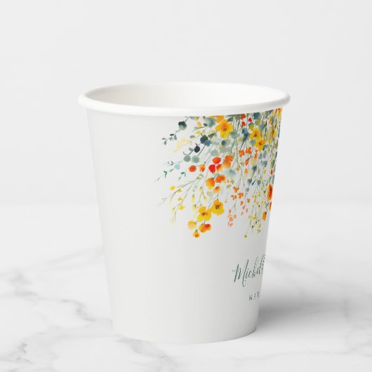 farbenfrohe Hochzeit mit floralen Wasserfarben Pappbecher (Vorderseite)