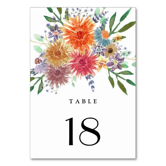 farbenfrohe Hochzeit mit floralen Wasserfarben Tischnummer (Vorderseite)