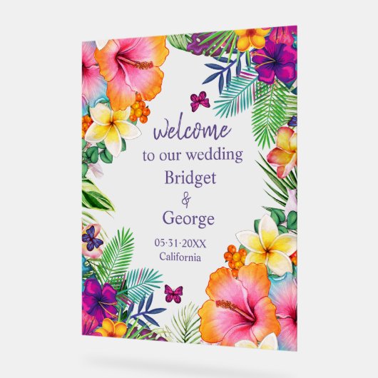 Farbenfrohe Hochzeit mit tropischer hawaiianischer Acrylschild (Winkel)