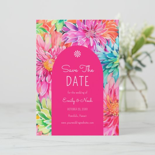 Farbenfrohe Hochzeit mit tropischer Wasserfarbe Save The Date (Stehend Vorderseite)