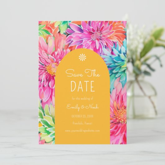Farbenfrohe Hochzeit mit tropischer Wasserfarbe Save The Date (Stehend Vorderseite)