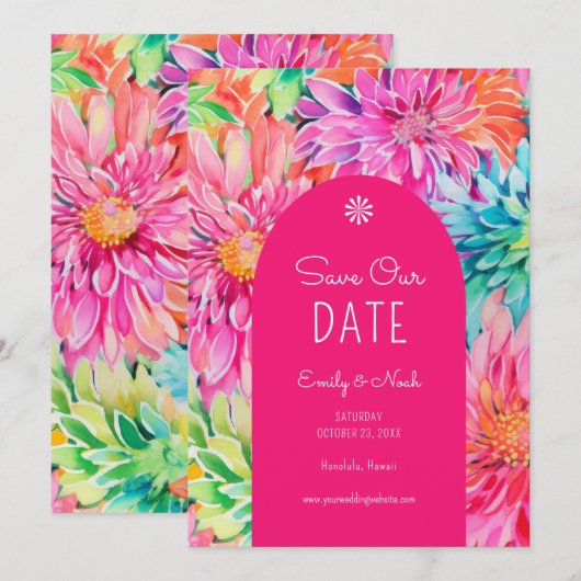 Farbenfrohe Hochzeit mit tropischer Wasserfarbe Save The Date (Vorne/Hinten)