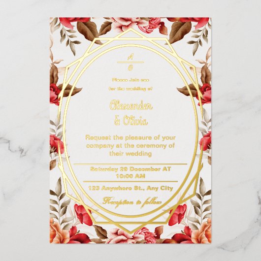 Farbenfrohe Hochzeit Moderner botanischer Blumenga Folieneinladung (Vorderseite)