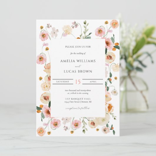 Farbenfrohe Hochzeitseinladung mit Spring Florals Einladung (Stehend Vorderseite)