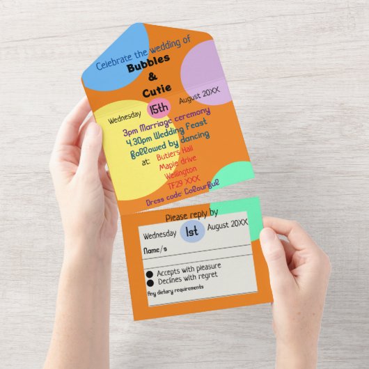 Farbenfrohe Hochzeitseinladungen boho Blasen Spaß All In One Einladung (Abreißen)