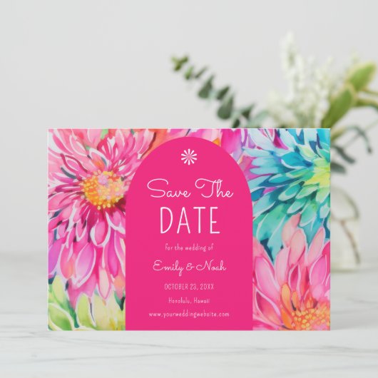 Farbenfrohe Hochzeitsfeier im tropischen Foto Save The Date (Stehend Vorderseite)