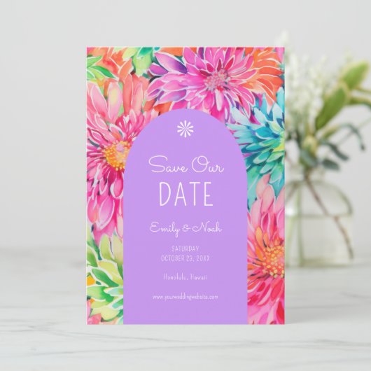 Farbenfrohe Hochzeitsfeier im tropischen Foto Save The Date (Stehend Vorderseite)