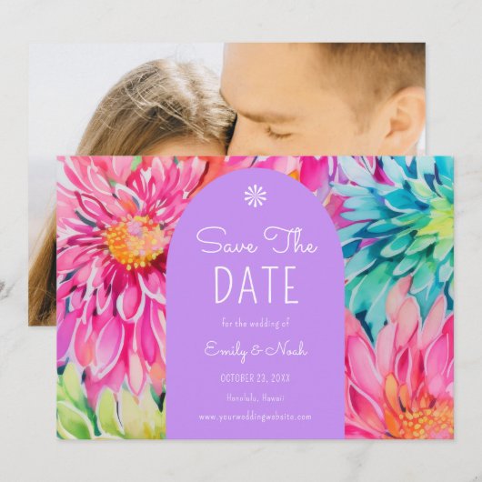 Farbenfrohe Hochzeitsfeier im tropischen Foto Save The Date (Vorne/Hinten)