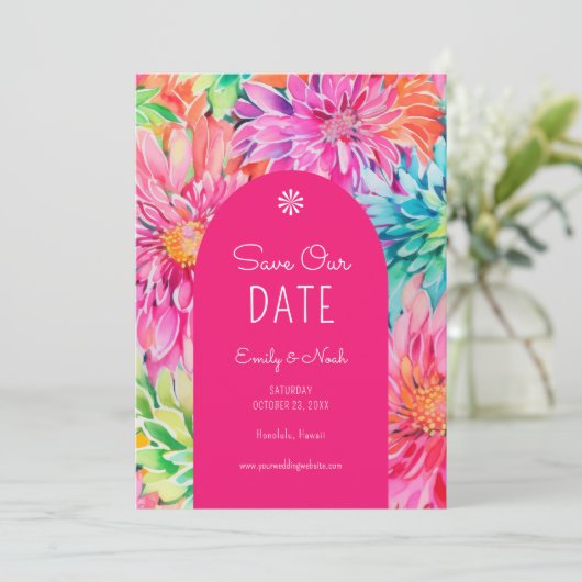 Farbenfrohe Hochzeitsfeier im tropischen Foto Save The Date (Stehend Vorderseite)