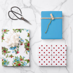 Farbenfrohe Holly-, Vergiss-mir-Nots- und Polka-Pu Geschenkpapier Set