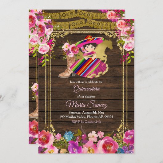 Farbenfrohe Holz Charro Blumenrosa Quinceañera Einladung (Vorne/Hinten)