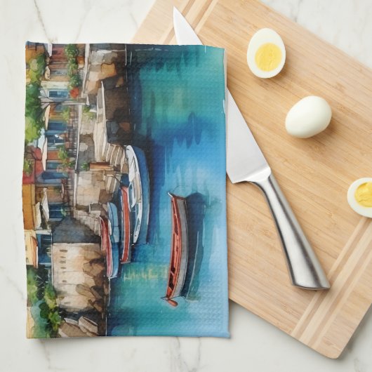 Farbenfrohe Holzboote im Hafendorf Geschirrtuch (Viertel Falte)