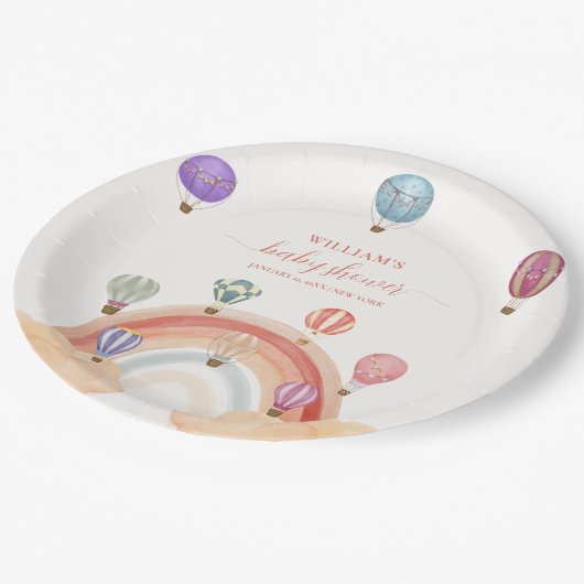 Farbenfrohe Hot Air Ballon Rainbow Baby Dusche Pappteller (Schrägansicht)