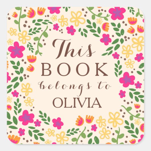 Farbenfrohe Hübsche Blüte Dieses Buch gehört zu Au Quadratischer Aufkleber (Vorderseite)