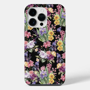 Farbenfrohe hübsche Gartenblumen auf schwarzem Hin iPhone 14 Pro Max Hülle