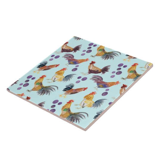 Farbenfrohe Hühner & Eiermuster Wasserfarbe Blau Fliese (Seite)