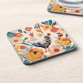 Farbenfrohe Hühnerflora Hintergrund Getränkeuntersetzer (Linke Seite)