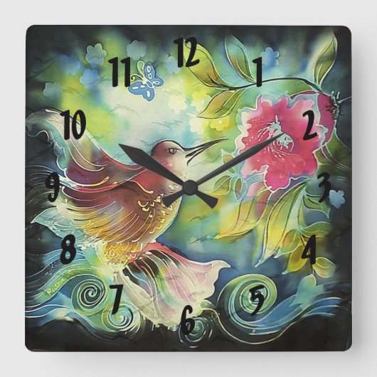 Farbenfrohe Hummingbird Digitale Seidenkunst Quadratische Wanduhr (Vorderseite)