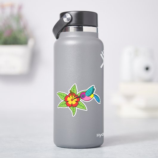 Farbenfrohe Hummingbird im Hibiskus Tropische Blum Aufkleber (HydroFlask)