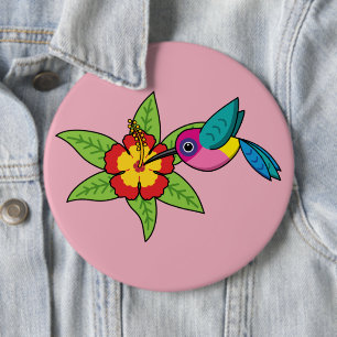 Farbenfrohe Hummingbird im Hibiskus Tropische Blum Button