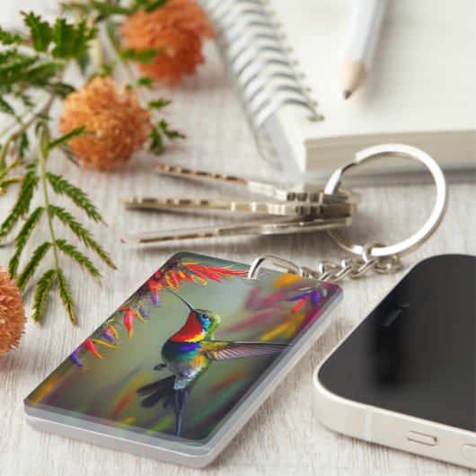 Farbenfrohe Hummingbird Ölgemälde Schlüsselanhänger (Vorderseite rechts)
