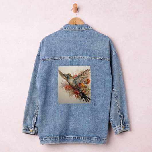 Farbenfrohe Hummingbird Rote Blume Jeansjacke (Hangar)