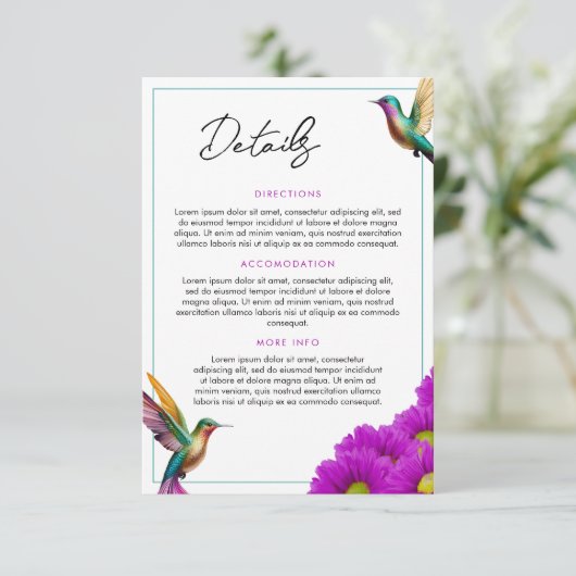 Farbenfrohe Hummingbirds Lila Daisies Wedding Begleitkarte (Stehend Vorderseite)