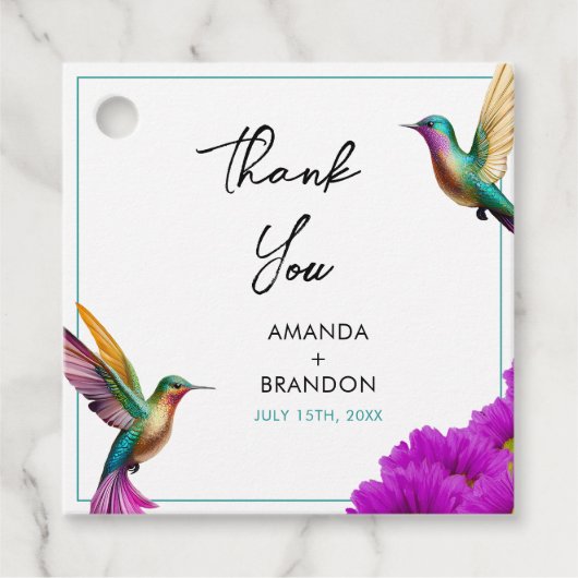 Farbenfrohe Hummingbirds Lila Daisies Wedding Geschenkanhänger (Vorderseite)