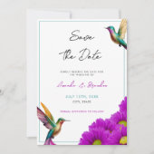 Farbenfrohe Hummingbirds Lila Daisies Wedding Save The Date (Vorderseite)