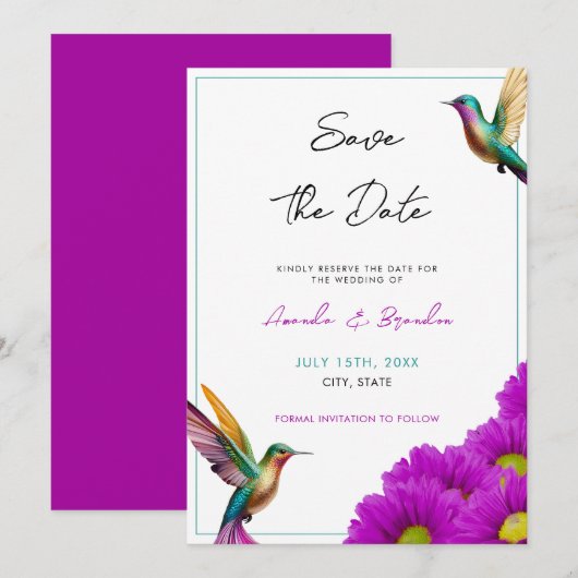 Farbenfrohe Hummingbirds Lila Daisies Wedding Save The Date (Vorne/Hinten)