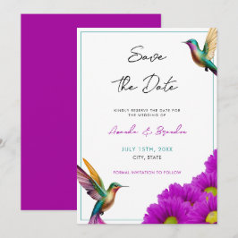 Farbenfrohe Hummingbirds Lila Daisies Wedding Save The Date