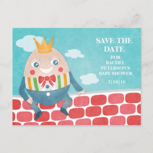 Farbenfrohe Humpty Dumpty Babydusche Save the Date Ankündigungspostkarte (Vorderseite)